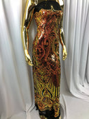 Iridescent - Orange Black Mesh - 4 Way Stretch Sequins Damask Pattern Fabric  - Sold By The Yard