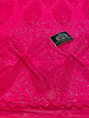 4 Way Stretch Fabric - Hot Pink - Triangle Geometric Sequins Design on Spandex Mesh Fashion Fabric