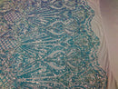 Iridescent - Baby Blue - 4 Way Stretch Sequins Damask Pattern Fabric  - Sold By The Yard