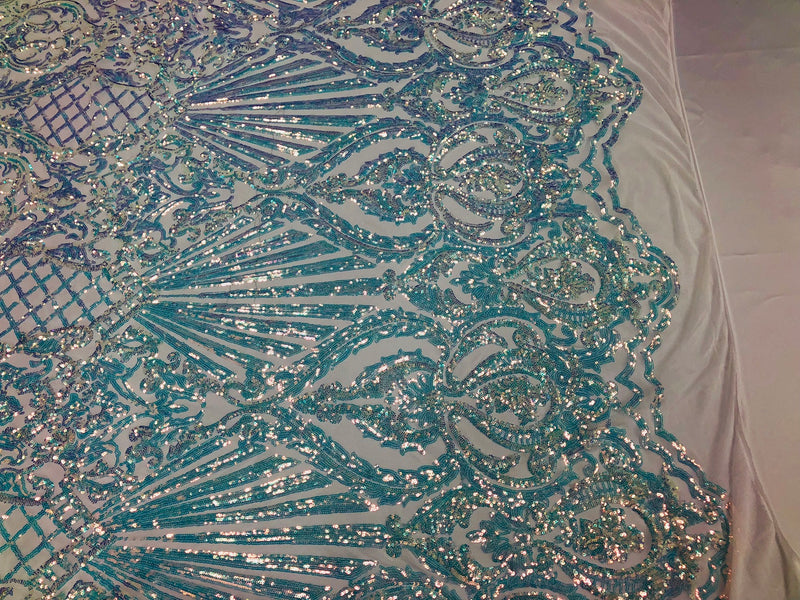 Iridescent - Baby Blue - 4 Way Stretch Sequins Damask Pattern Fabric  - Sold By The Yard