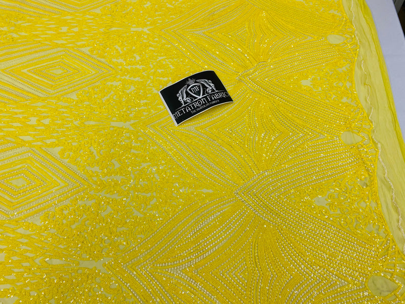 4 Way Stretch Fabric - Yellow - Triangle Geometric Sequins Design on Spandex Mesh Fashion Fabric