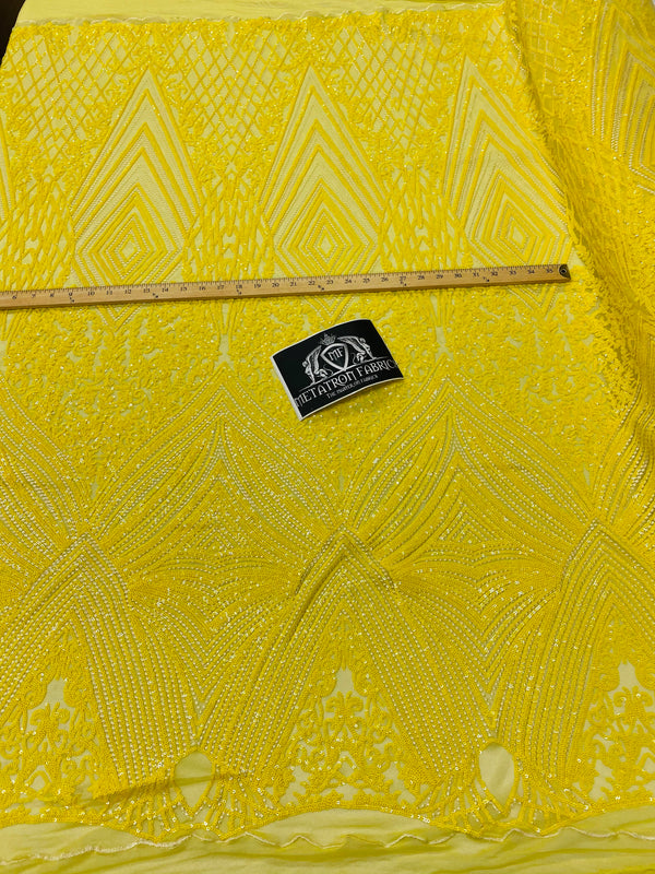 4 Way Stretch Fabric - Yellow - Triangle Geometric Sequins Design on Spandex Mesh Fashion Fabric