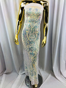 Iridescent - Baby Blue - 4 Way Stretch Sequins Damask Pattern Fabric  - Sold By The Yard