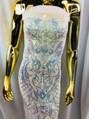 Iridescent - Baby Blue - 4 Way Stretch Sequins Damask Pattern Fabric  - Sold By The Yard