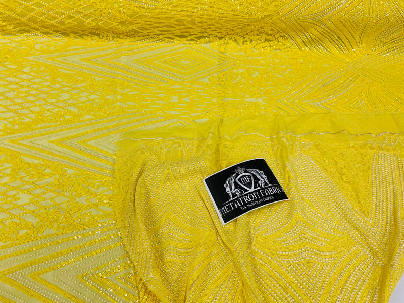 4 Way Stretch Fabric - Yellow - Triangle Geometric Sequins Design on Spandex Mesh Fashion Fabric