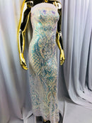 Iridescent - Baby Blue - 4 Way Stretch Sequins Damask Pattern Fabric  - Sold By The Yard