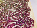 Iridescent - Magenta Gold - 4 Way Stretch Sequins Damask Pattern Fabric  - Sold By The Yard