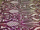 Iridescent - Magenta Gold - 4 Way Stretch Sequins Damask Pattern Fabric  - Sold By The Yard
