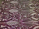 Iridescent - Magenta Gold - 4 Way Stretch Sequins Damask Pattern Fabric  - Sold By The Yard
