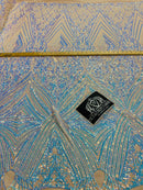 4 Way Stretch Fabric - Aqua - Triangle Geometric Sequins Design on Spandex Mesh Fashion Fabric