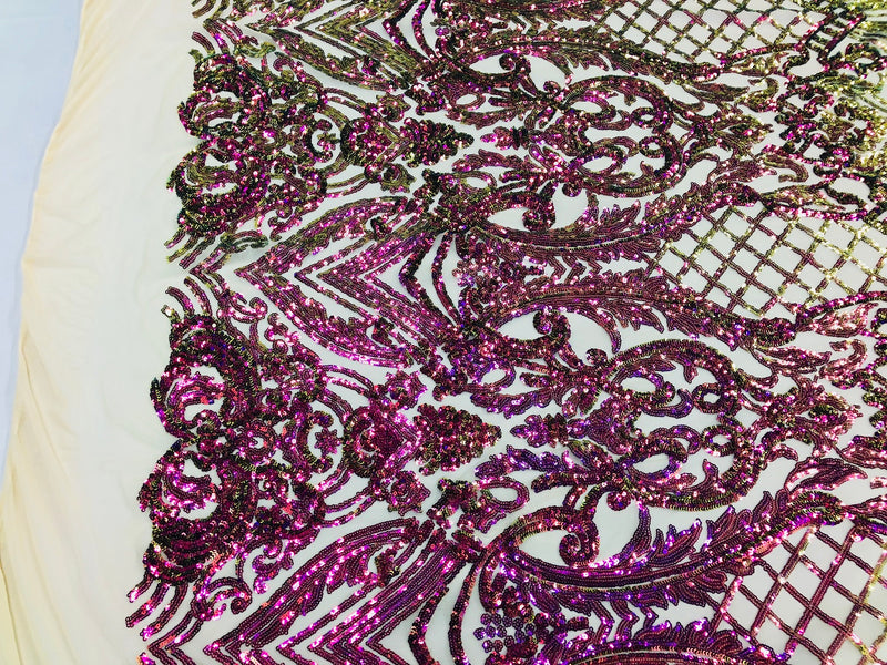 Iridescent - Magenta Gold - 4 Way Stretch Sequins Damask Pattern Fabric  - Sold By The Yard