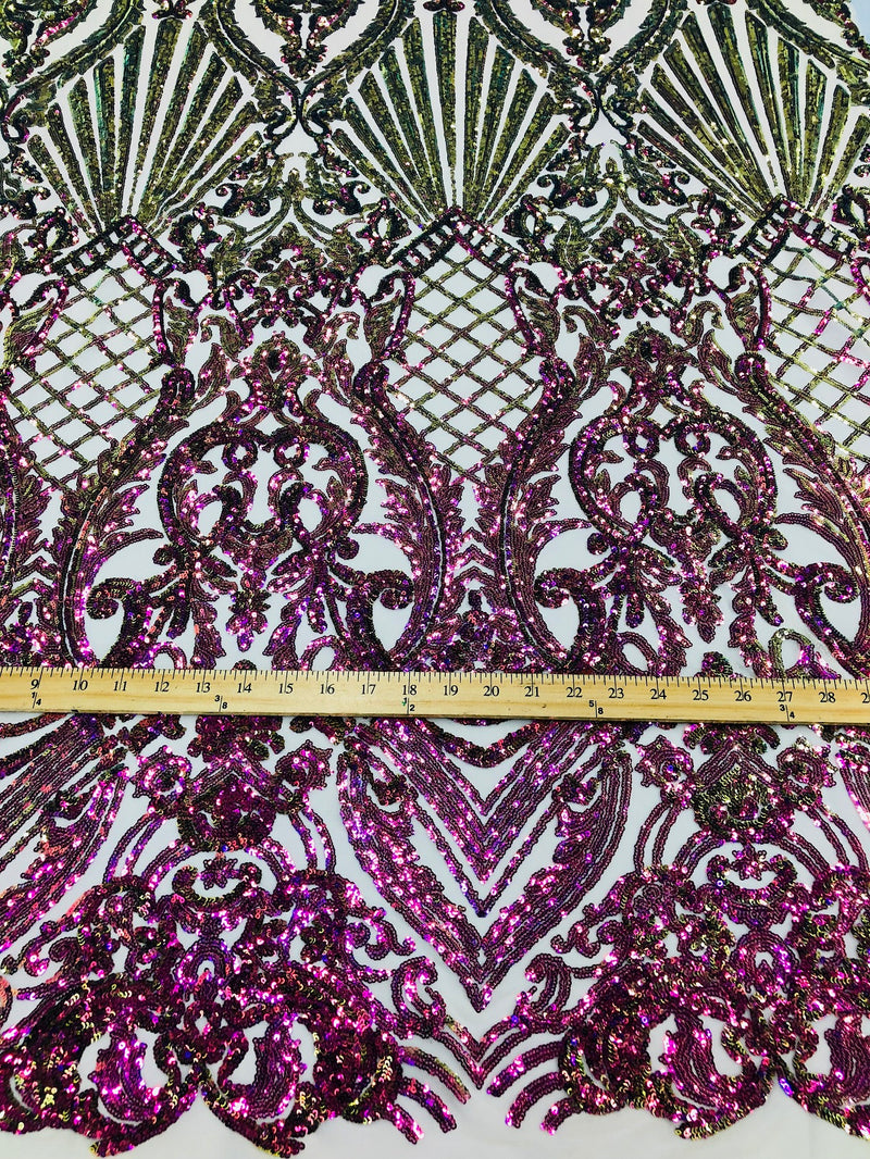 Iridescent - Magenta Gold - 4 Way Stretch Sequins Damask Pattern Fabric  - Sold By The Yard