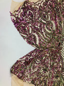 Iridescent - Magenta Gold - 4 Way Stretch Sequins Damask Pattern Fabric  - Sold By The Yard
