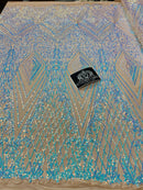4 Way Stretch Fabric - Aqua - Triangle Geometric Sequins Design on Spandex Mesh Fashion Fabric