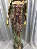 Iridescent - Magenta Gold - 4 Way Stretch Sequins Damask Pattern Fabric  - Sold By The Yard