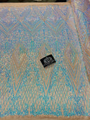 4 Way Stretch Fabric - Aqua - Triangle Geometric Sequins Design on Spandex Mesh Fashion Fabric