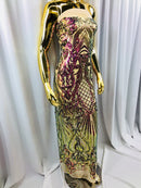 Iridescent - Magenta Gold - 4 Way Stretch Sequins Damask Pattern Fabric  - Sold By The Yard
