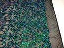 Iridescent - Blue / Green - 4 Way Stretch Sequins Vines Pattern Fabric  - Sold By The Yard