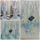 Two Tone - Iridescent Aqua / White - Phoenix Sequins Design on Spandex Mesh Trendy Fabric