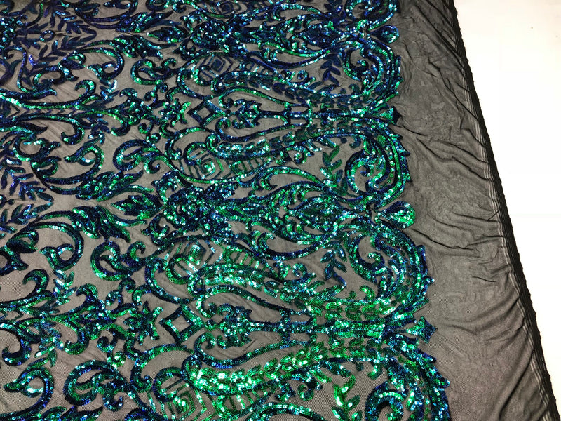 Iridescent - Blue / Green - 4 Way Stretch Sequins Vines Pattern Fabric  - Sold By The Yard