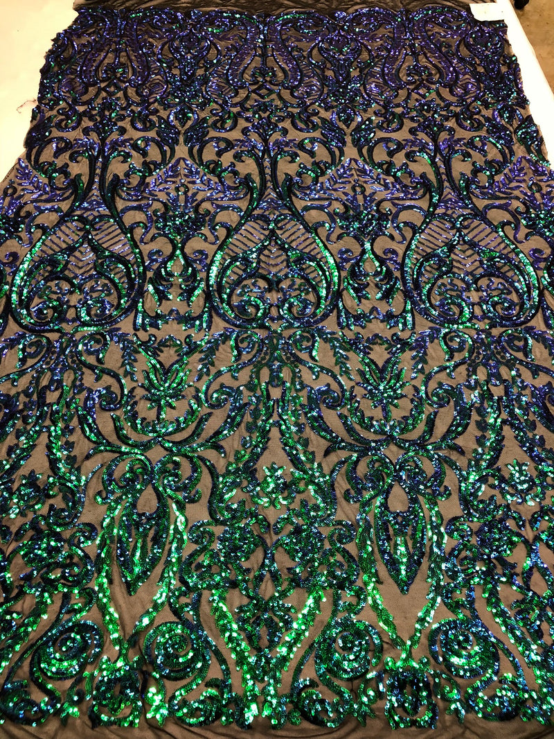 Iridescent - Blue / Green - 4 Way Stretch Sequins Vines Pattern Fabric  - Sold By The Yard