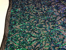 Iridescent - Blue / Green - 4 Way Stretch Sequins Vines Pattern Fabric  - Sold By The Yard
