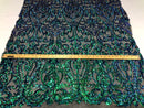 Iridescent - Blue / Green - 4 Way Stretch Sequins Vines Pattern Fabric  - Sold By The Yard