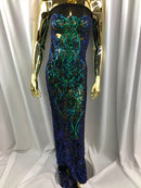 Iridescent - Blue / Green - 4 Way Stretch Sequins Vines Pattern Fabric  - Sold By The Yard