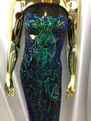 Iridescent - Blue / Green - 4 Way Stretch Sequins Vines Pattern Fabric  - Sold By The Yard