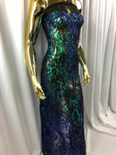 Iridescent - Blue / Green - 4 Way Stretch Sequins Vines Pattern Fabric  - Sold By The Yard