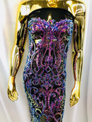 Iridescent - Magenta Rainbow - 4 Way Stretch Sequins Vines Pattern Fabric  - Sold By The Yard