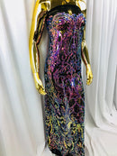 Iridescent - Magenta Rainbow - 4 Way Stretch Sequins Vines Pattern Fabric  - Sold By The Yard