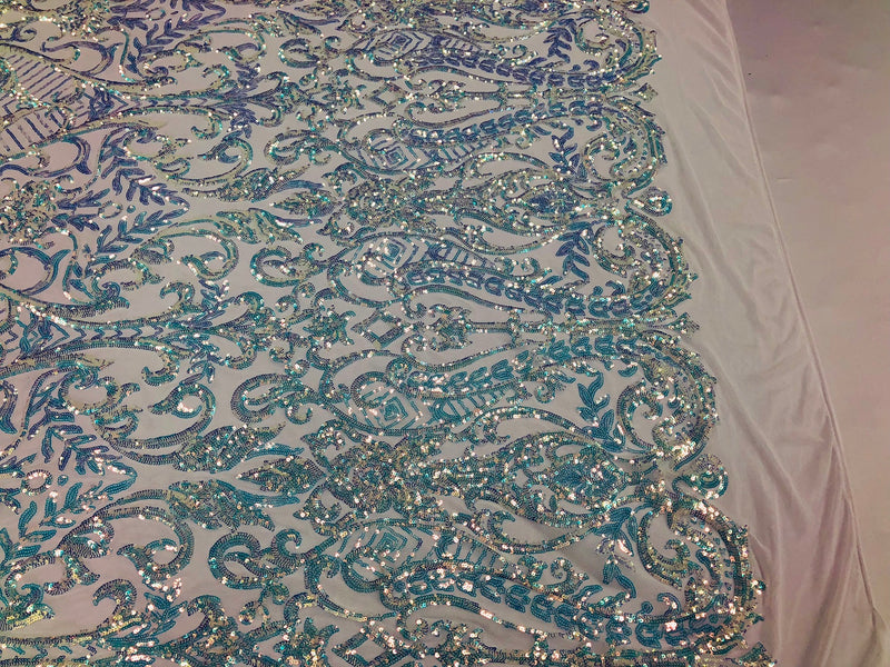 Iridescent - Baby Blue - 4 Way Stretch Sequins Vines Pattern Fabric  - Sold By The Yard