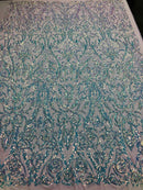 Iridescent - Baby Blue - 4 Way Stretch Sequins Vines Pattern Fabric  - Sold By The Yard