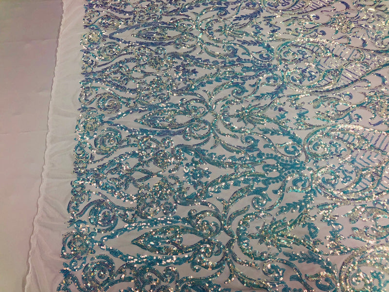 Iridescent - Baby Blue - 4 Way Stretch Sequins Vines Pattern Fabric  - Sold By The Yard