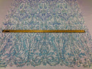 Iridescent - Baby Blue - 4 Way Stretch Sequins Vines Pattern Fabric  - Sold By The Yard