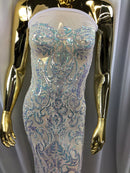 Iridescent - Baby Blue - 4 Way Stretch Sequins Vines Pattern Fabric  - Sold By The Yard