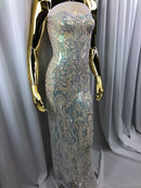 Iridescent - Baby Blue - 4 Way Stretch Sequins Vines Pattern Fabric  - Sold By The Yard