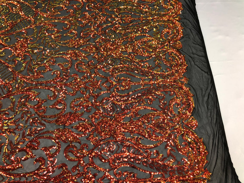 Iridescent - Orange Black Mesh - 4 Way Stretch Sequins Vines Pattern Fabric  - Sold By The Yard
