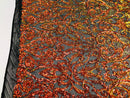 Iridescent - Orange Black Mesh - 4 Way Stretch Sequins Vines Pattern Fabric  - Sold By The Yard