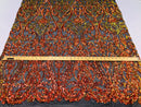 Iridescent - Orange Black Mesh - 4 Way Stretch Sequins Vines Pattern Fabric  - Sold By The Yard