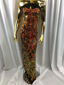 Iridescent - Orange Black Mesh - 4 Way Stretch Sequins Vines Pattern Fabric  - Sold By The Yard