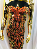 Iridescent - Orange Black Mesh - 4 Way Stretch Sequins Vines Pattern Fabric  - Sold By The Yard