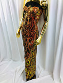 Iridescent - Orange Black Mesh - 4 Way Stretch Sequins Vines Pattern Fabric  - Sold By The Yard