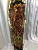Iridescent - Orange Black Mesh - 4 Way Stretch Sequins Vines Pattern Fabric  - Sold By The Yard