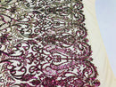 Iridescent - Magenta Gold - 4 Way Stretch Sequins Vines Pattern Fabric  - Sold By The Yard
