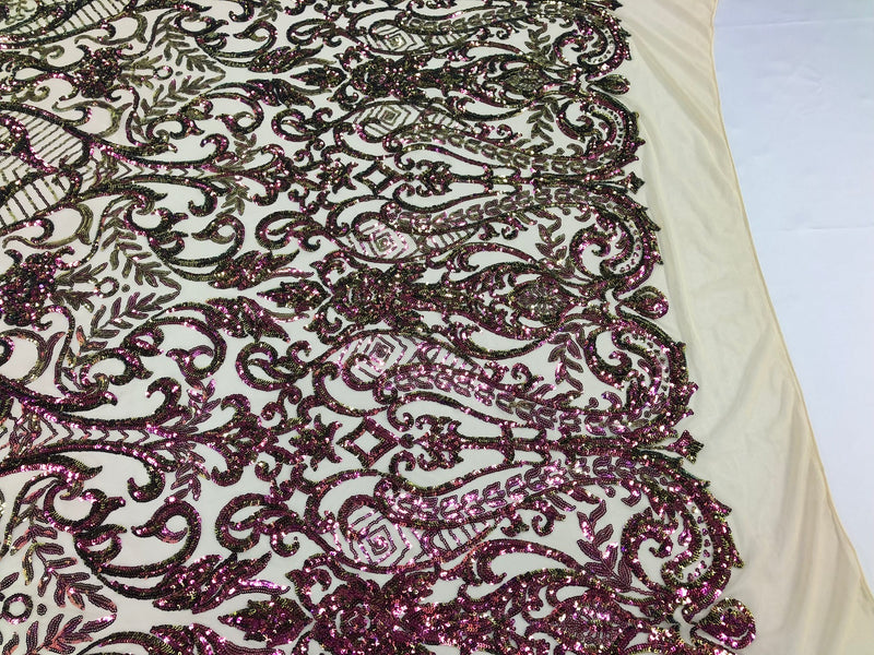 Iridescent - Magenta Gold - 4 Way Stretch Sequins Vines Pattern Fabric  - Sold By The Yard