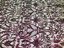 Iridescent - Magenta Gold - 4 Way Stretch Sequins Vines Pattern Fabric  - Sold By The Yard