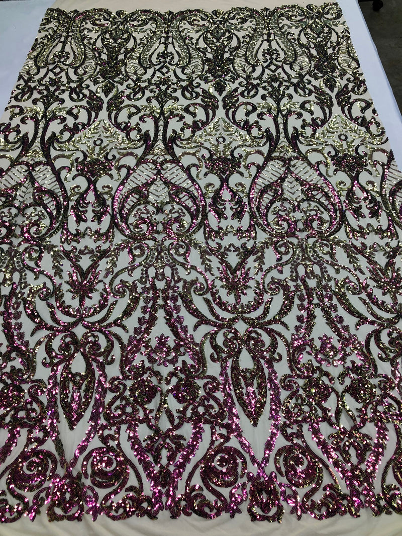 Iridescent - Magenta Gold - 4 Way Stretch Sequins Vines Pattern Fabric  - Sold By The Yard