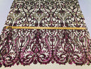 Iridescent - Magenta Gold - 4 Way Stretch Sequins Vines Pattern Fabric  - Sold By The Yard